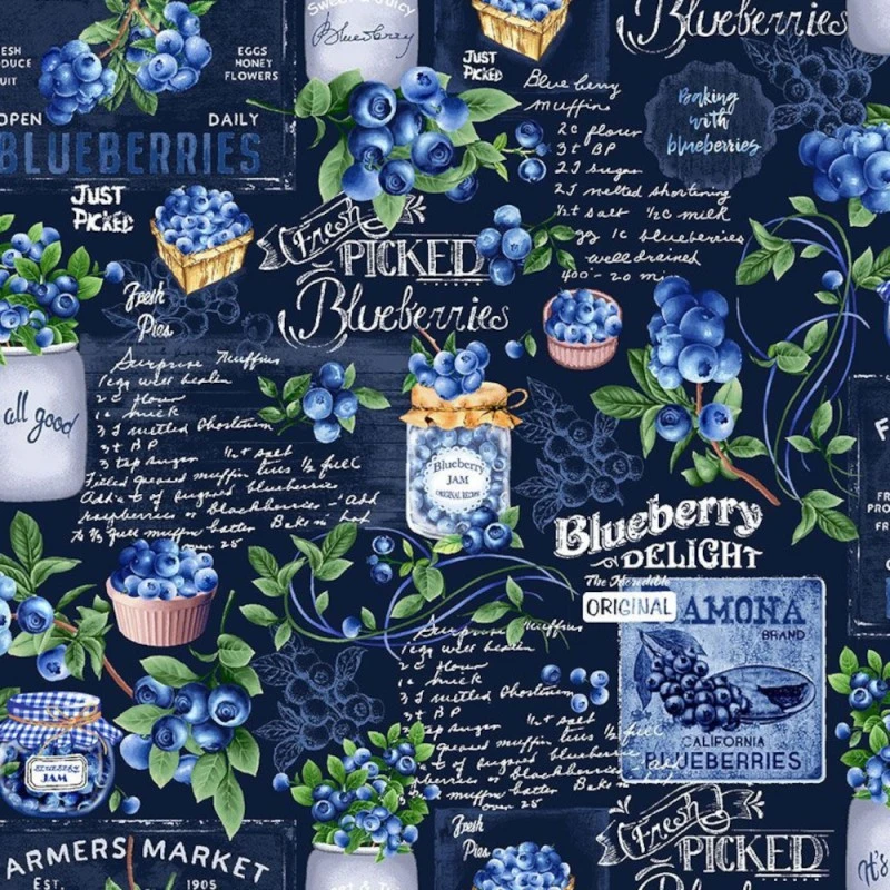 100% Cotton Digital Fabric Timeless Treasures Blueberry Chalkboard Fruits Navy 3 100% Cotton Digital Fabric Timeless Treasures Blueberry Chalkboard Fruits Navy