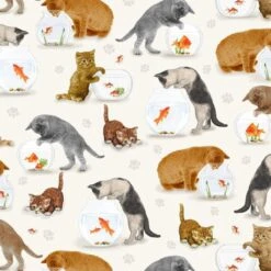 100% Cotton Digital Fabric Timeless Treasures Cats And Fish Bowl Kitten Paws