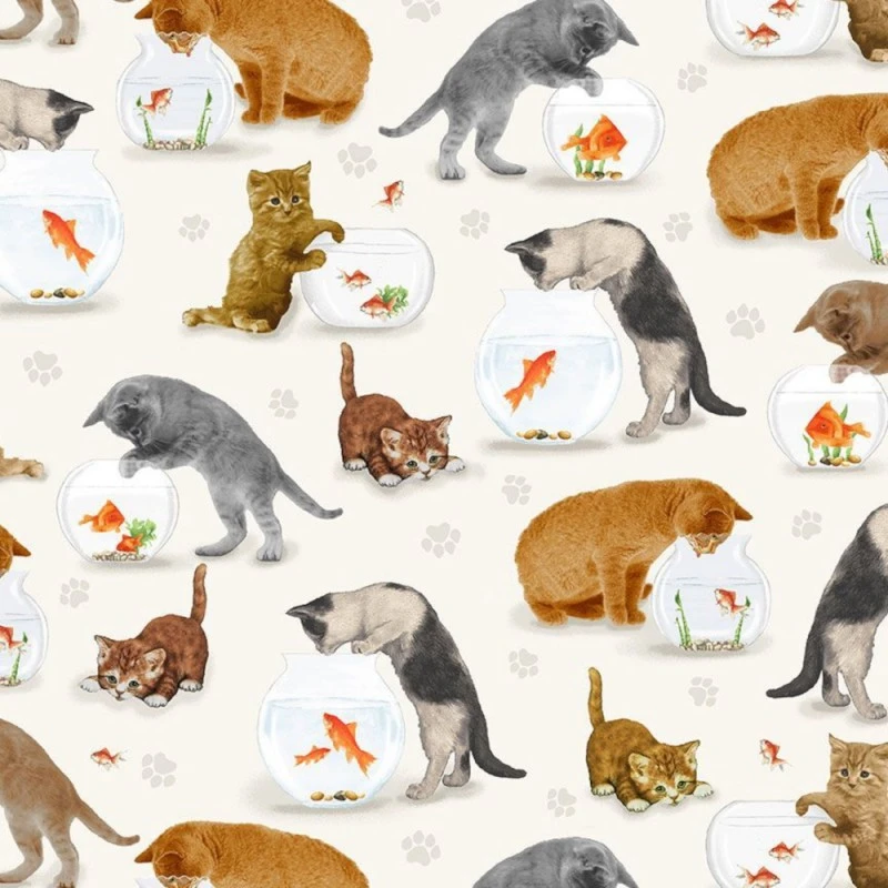 100% Cotton Digital Fabric Timeless Treasures Cats And Fish Bowl Kitten Paws 3 100% Cotton Digital Fabric Timeless Treasures Cats And Fish Bowl Kitten Paws
