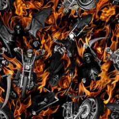 100% Cotton Digital Fabric Timeless Treasures Skeletons Flaming Motorcycles Fire