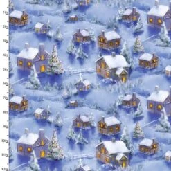 100% Cotton Fabric 3 Wishes Christmas Village Trees Snowy Scenes Scenic