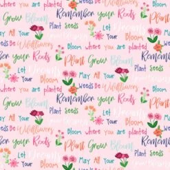 100% Cotton Fabric Bright Blooms Spring Words Plant Flowers Grow Seed 110cm Wide