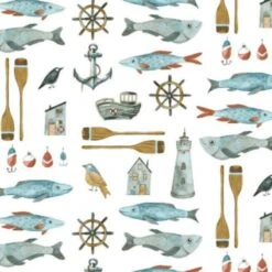 100% Cotton Fabric Dear Stella Nautical Fish Fishing Sailing Boat