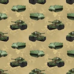 100% Cotton Fabric Kennard & Kennard Battlezone Army Tanks APC Tan