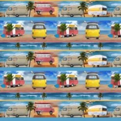 100% Cotton Fabric Kennard & Kennard Retro Lines Camper Vans Caravans
