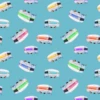 100% Cotton Fabric Kennard & Kennard Retro Tossed Caravans Aqua