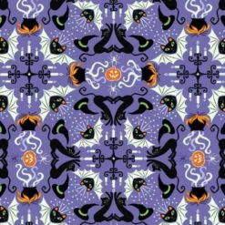 100% Cotton Fabric Lewis & Irene Haunted House Mirrored Hats Bats Cats Halloween