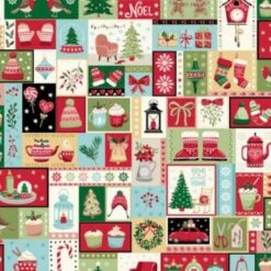 100% Cotton Fabric Makower Christmas Cosy Montage Tree Robin Mittens Mug Cake