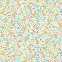 100% Cotton Fabric Makower Hello Spring Bunny Meadow Rabbits Floral 112cm Wide