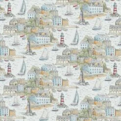 100% Cotton Fabric Makower High Tide Harbour View Nautical Landscape 112cm Wide