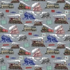 100% Cotton Fabric Nutex All Aboard Steam Trains Locomotive Scatter 112cm Wide