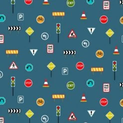 100% Cotton Fabric Nutex Around Town Roadworks Signs One Way Stop Exit