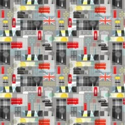 100% Cotton Fabric Nutex Brit Bits London Buses Kings Postbox