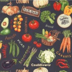 100% Cotton Fabric Nutex Charcoal Fresh Vegetables Veg Market Food