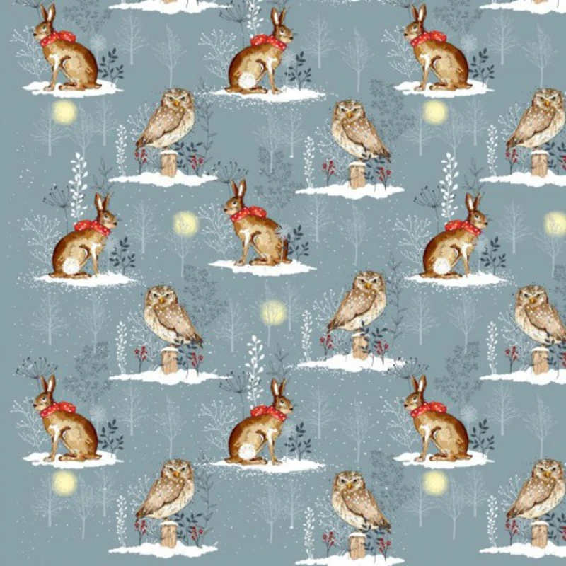 100% Cotton Fabric Nutex Christmas Rabbit Hare Owl Xmas Festive Animals 3 100% Cotton Fabric Nutex Christmas Rabbit Hare Owl Xmas Festive Animals