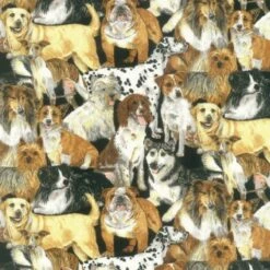 100% Cotton Fabric Nutex Doggie Delight Bunched Dog Breeds Animal