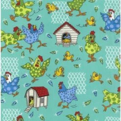 100% Cotton Fabric Nutex Farm Fun Chicken Coop Chaos Farmyard Birds Animals Hen