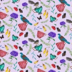 100% Cotton Fabric Nutex Garden High Tea Cup Floral Flower Birds Butterfly