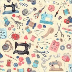 100% Cotton Fabric Nutex Sew Vintage Sewing Machines Haberdashery Scissors Pins