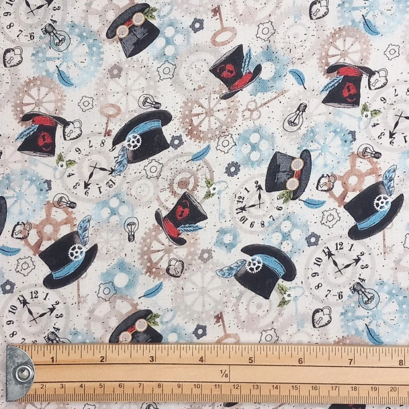 100% Cotton Fabric Nutex Steam Punk Hats Clocks Victorian Industrial 110cm Wide 3 100% Cotton Fabric Nutex Steam Punk Hats Clocks Victorian Industrial 110cm Wide