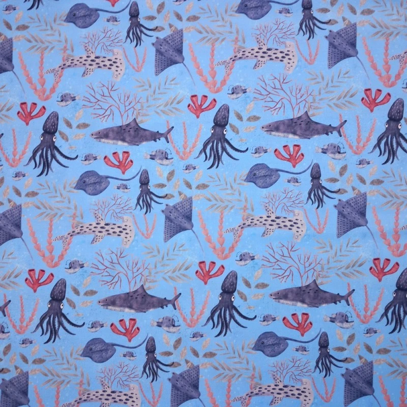 100% Cotton Fabric Nutex Underwater World Ocean Medley Sharks Squids 112cm Wide 3 100% Cotton Fabric Nutex Underwater World Ocean Medley Sharks Squids 112cm Wide