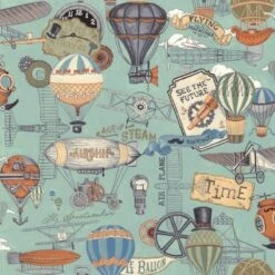 100% Cotton Fabric Nutex Victorian Vintage Flying Machines Vehicles Planes Blimp