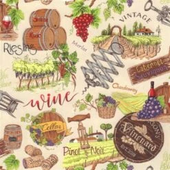 100% Cotton Fabric Nutex Vines & Wines Vintage Wine Grapes Scenic Vineyard