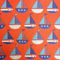 100% Cotton Fabric Sailors Boats On Red Nautical Sailing Ships Ocean 110cm Wide