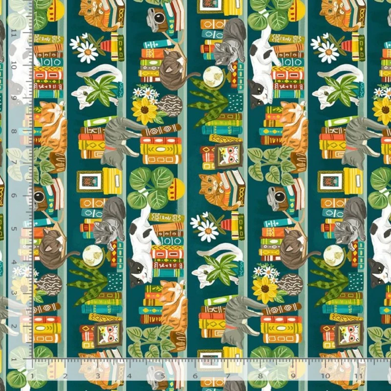 100% Cotton Fabric Timeless Treasures Cat Bookshelf Plants Books Cats 112cm Wide 4 100% Cotton Fabric Timeless Treasures Cat Bookshelf Plants Books Cats 112cm Wide - Image 2