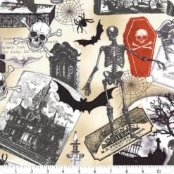 100% Cotton Fabric Timeless Treasures Halloween Skeletons Coffins Skull Bats