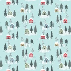 100% Cotton Flannel Fabric Lewis & Irene Snow Day Houses Icy Blue 112cm Wide