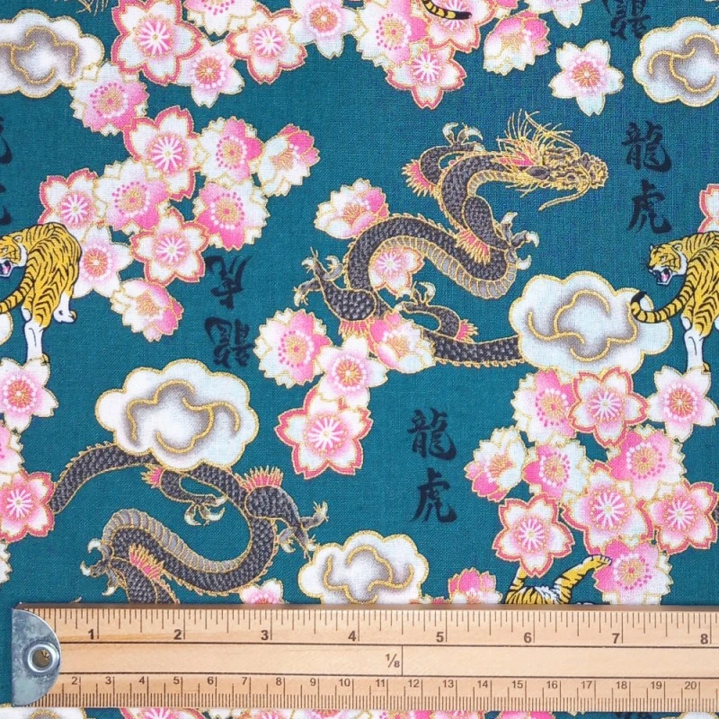 100% Japanese Cotton Fabric Nutex Kobo Dragons Tigers Flower Metallic 110cm Wide 4 100% Japanese Cotton Fabric Nutex Kobo Dragons Tigers Flower Metallic 110cm Wide - Image 2