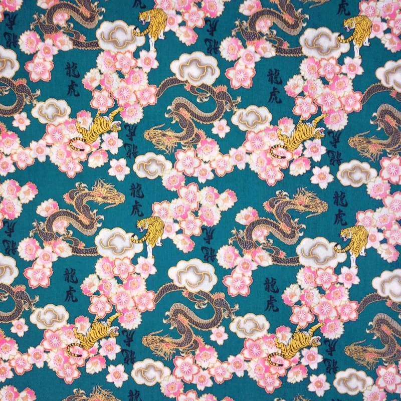 100% Japanese Cotton Fabric Nutex Kobo Dragons Tigers Flower Metallic 110cm Wide 3 100% Japanese Cotton Fabric Nutex Kobo Dragons Tigers Flower Metallic 110cm Wide