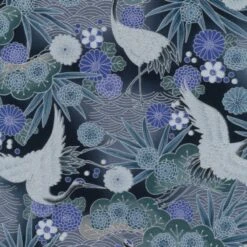 100% Japanese Cotton Fabric Nutex Koko Cranes Birds Floral Metallic 110cm Wide