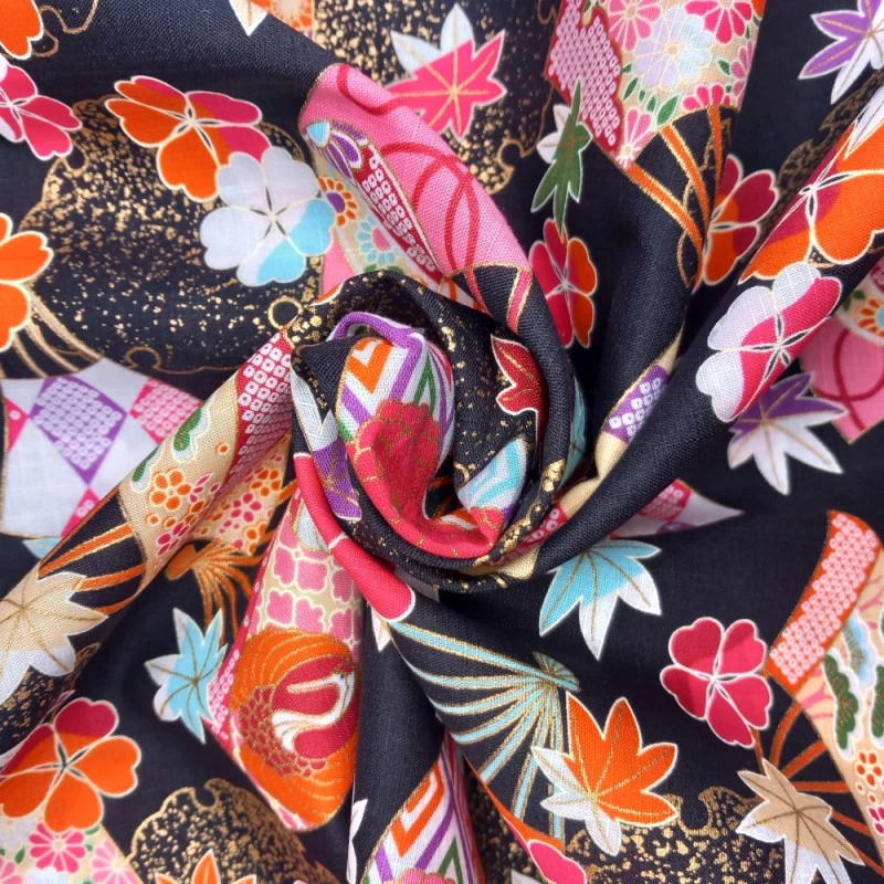 100% Japanese Cotton Fabric Nutex Yobi Flower Floral Fans Metallic 110cm Wide 5 100% Japanese Cotton Fabric Nutex Yobi Flower Floral Fans Metallic 110cm Wide - Image 3