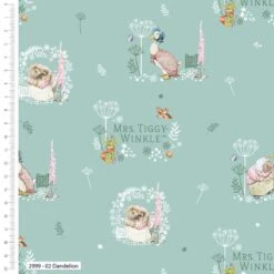 100% Organic Cotton Fabric Peter Rabbit Garden Dandelion Mrs Tiggy Winkle