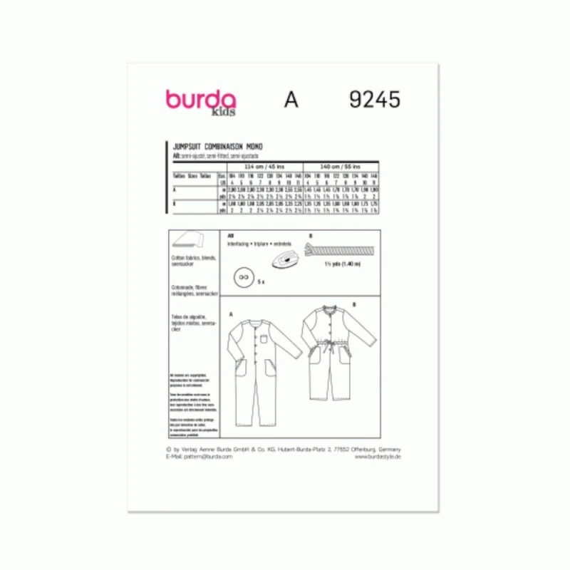 Burda Kids Style Sewing Pattern 9245 Button Fastening Children's Jumpsuit 10 Burda Kids Style Sewing Pattern 9245 Button Fastening Children's Jumpsuit - Image 8