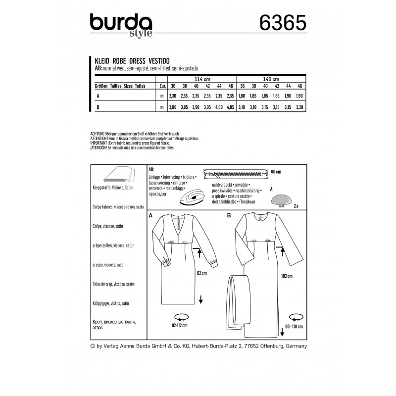 Burda Sewing Pattern 6365 Woman's Semi Form Fitting V Neck Dress 4 Burda Sewing Pattern 6365 Woman's Semi Form Fitting V Neck Dress - Image 2