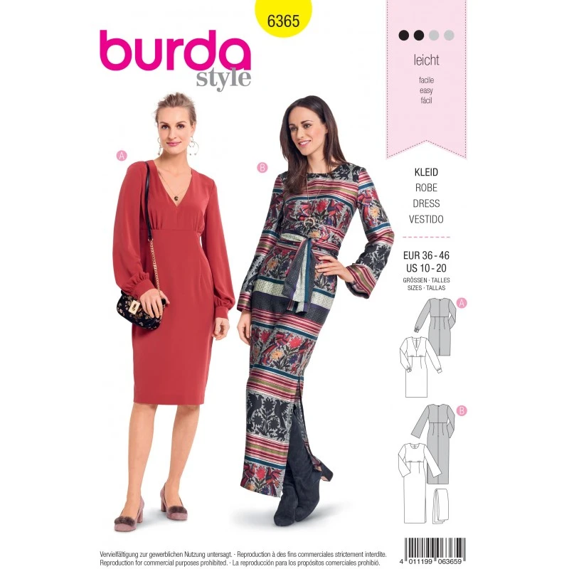 Burda Sewing Pattern 6365 Woman's Semi Form Fitting V Neck Dress 3 Burda Sewing Pattern 6365 Woman's Semi Form Fitting V Neck Dress