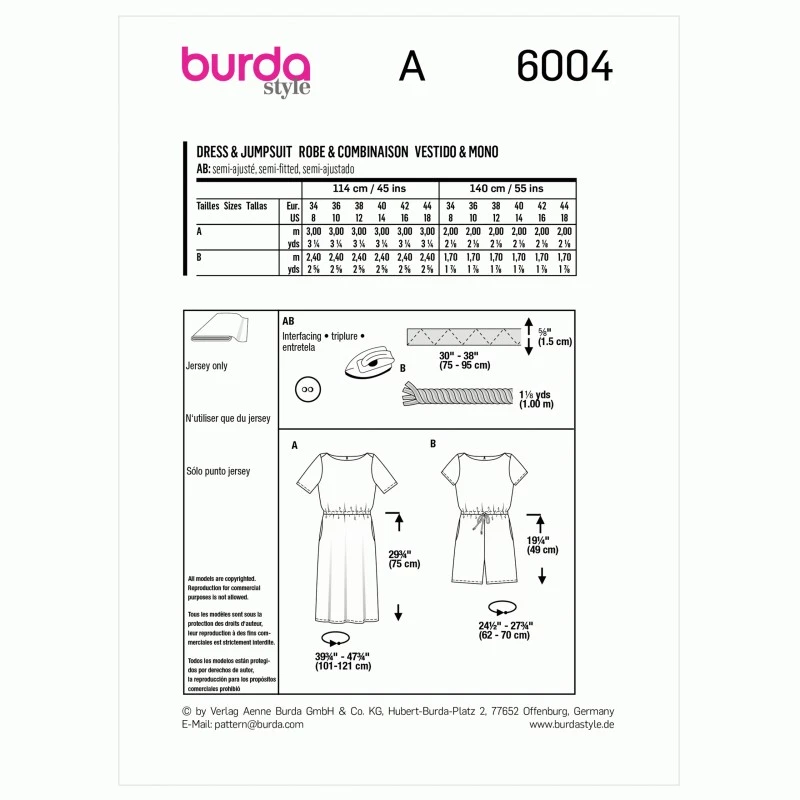 Burda Sewing Pattern 6004 Misses' Straight Cut Dress Or Jumpsuit Elastic Waist 4 Burda Sewing Pattern 6004 Misses' Straight Cut Dress Or Jumpsuit Elastic Waist - Image 2