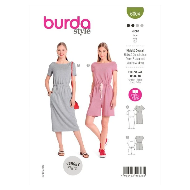 Burda Sewing Pattern 6004 Misses' Straight Cut Dress Or Jumpsuit Elastic Waist 3 Burda Sewing Pattern 6004 Misses' Straight Cut Dress Or Jumpsuit Elastic Waist