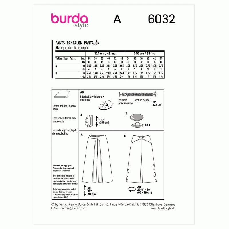 Burda Sewing Pattern 6032 Misses' Culottes Trousers Invisible Zip At The Back 4 Burda Sewing Pattern 6032 Misses' Culottes Trousers Invisible Zip At The Back - Image 2