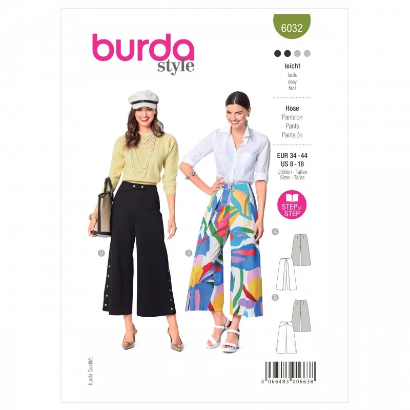Burda Sewing Pattern 6032 Misses' Culottes Trousers Invisible Zip At The Back 3 Burda Sewing Pattern 6032 Misses' Culottes Trousers Invisible Zip At The Back