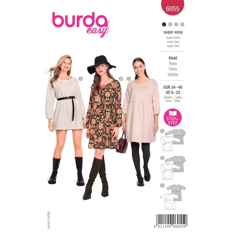 Burda Sewing Pattern 6055 Misses' Dress Semi-fitted Skirt Gathered Into Loose 3 Burda Sewing Pattern 6055 Misses' Dress Semi-fitted Skirt Gathered Into Loose