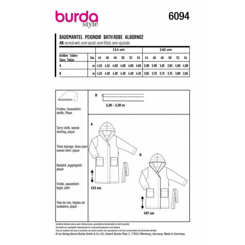 Burda Sewing Pattern 6094 Misses' Bathrobe With Hood 4 Burda Sewing Pattern 6094 Misses' Bathrobe With Hood - Image 2