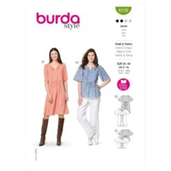 Burda Sewing Pattern 6129 Women's Dress Top Or Tunic With Gathered Skirt Detail