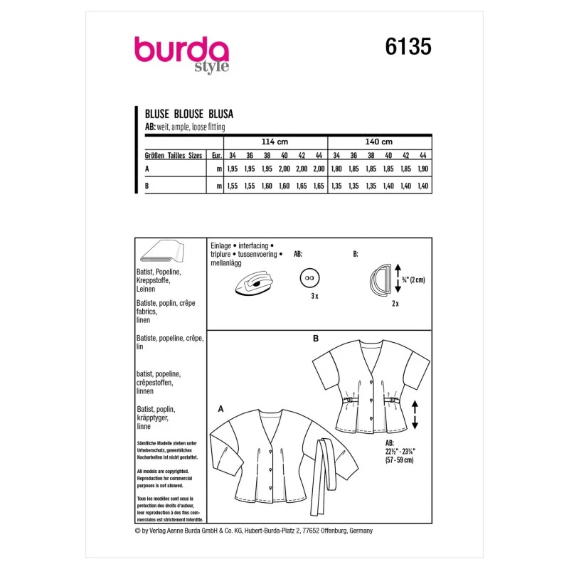 Burda Sewing Pattern 6135 Women's V-Neck Blouses Shirts Tops Tie Waist Peplum 5 Burda Sewing Pattern 6135 Women's V-Neck Blouses Shirts Tops Tie Waist Peplum - Image 3