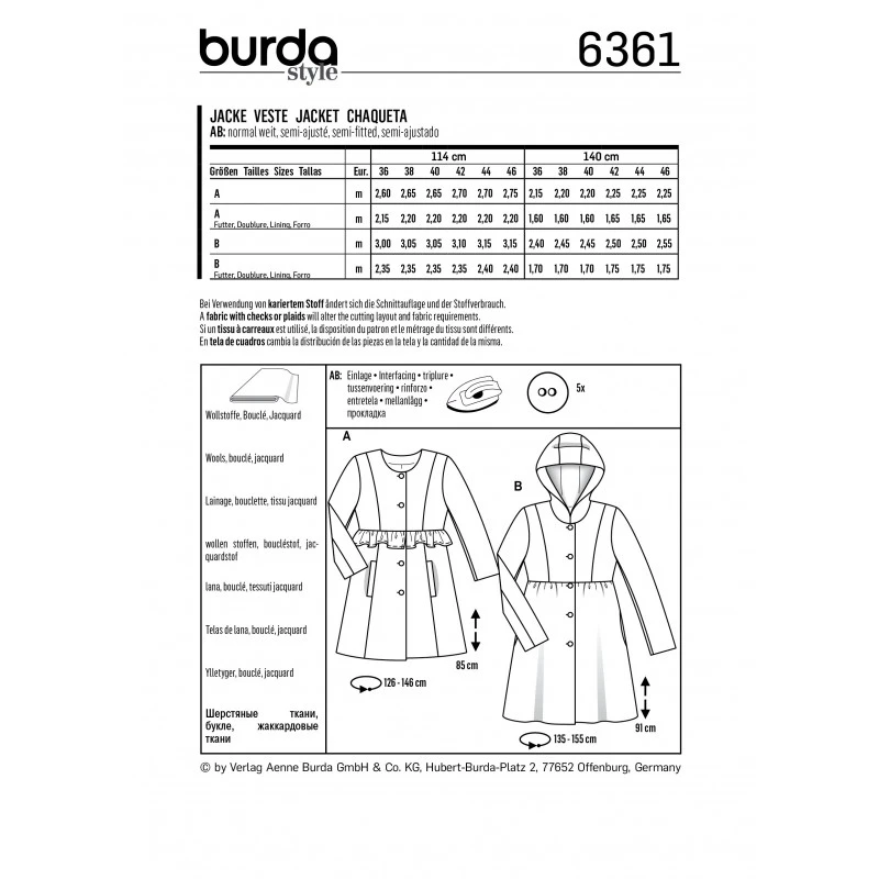 Burda Sewing Pattern 6361 Style Misses' Smart Formal Coat Jacket 4 Burda Sewing Pattern 6361 Style Misses' Smart Formal Coat Jacket - Image 2