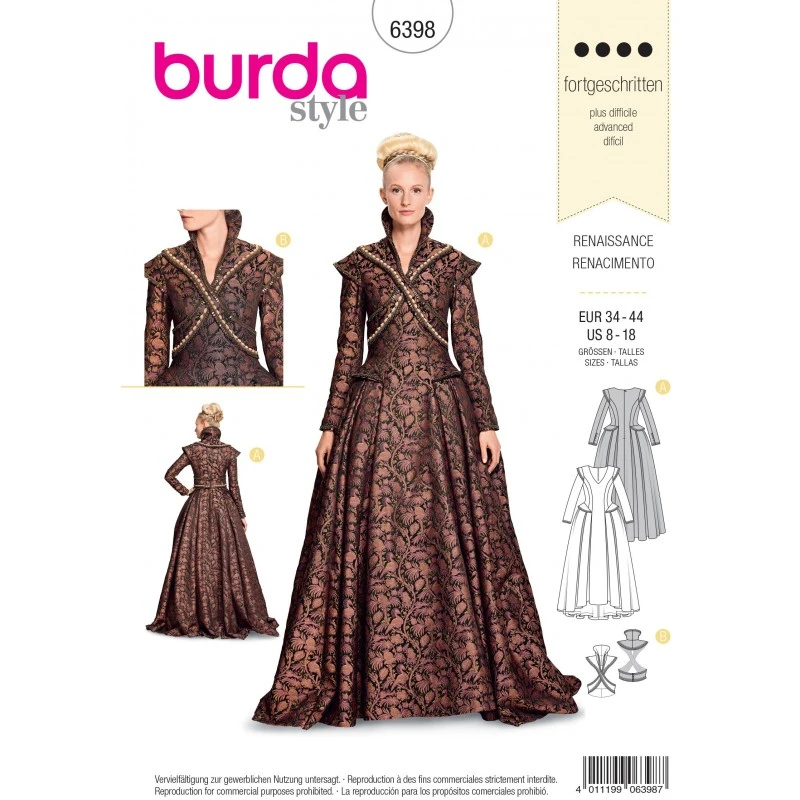 Burda Sewing Pattern 6398 Woman's Renaissance Fancy Dress Costumes 3 Burda Sewing Pattern 6398 Woman's Renaissance Fancy Dress Costumes