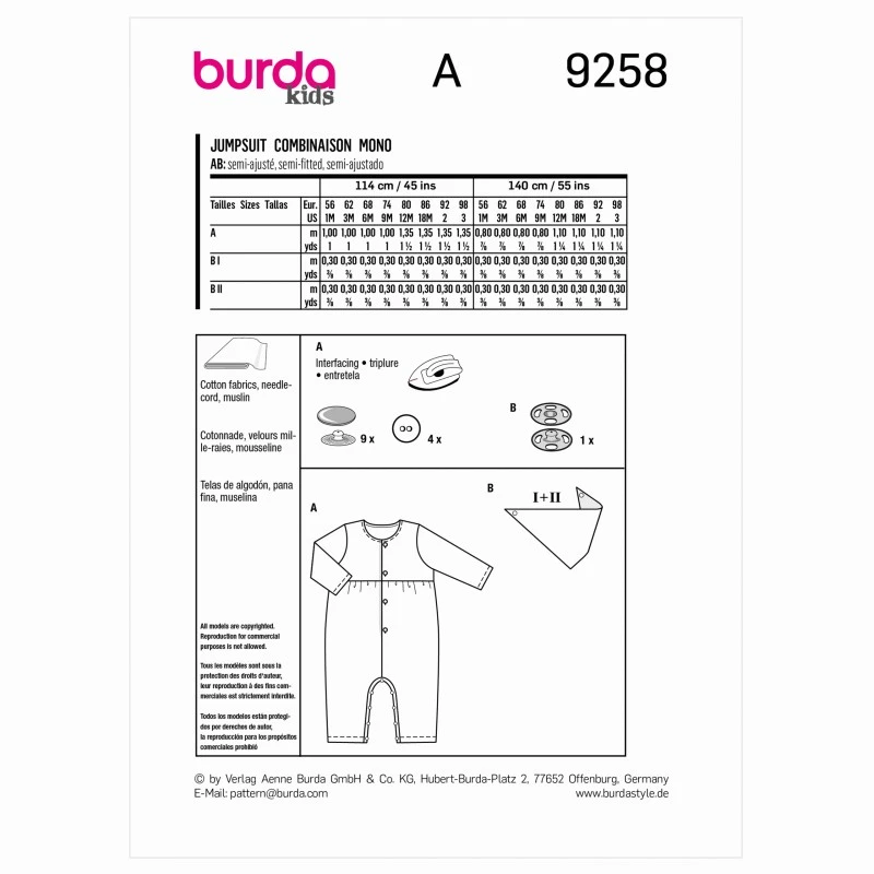 Burda Sewing Pattern 9258 Babies' Romper With Inside Leg Fastening 4 Burda Sewing Pattern 9258 Babies' Romper With Inside Leg Fastening - Image 2
